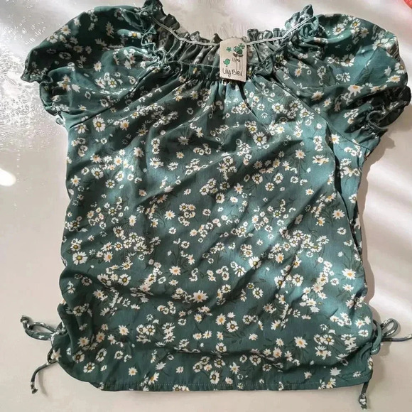 Lily Bleu Child 10-12 Blouse Peasant  Cap Sleeve Ruched Side Tie Classic Cottage - Picture 1 of 8